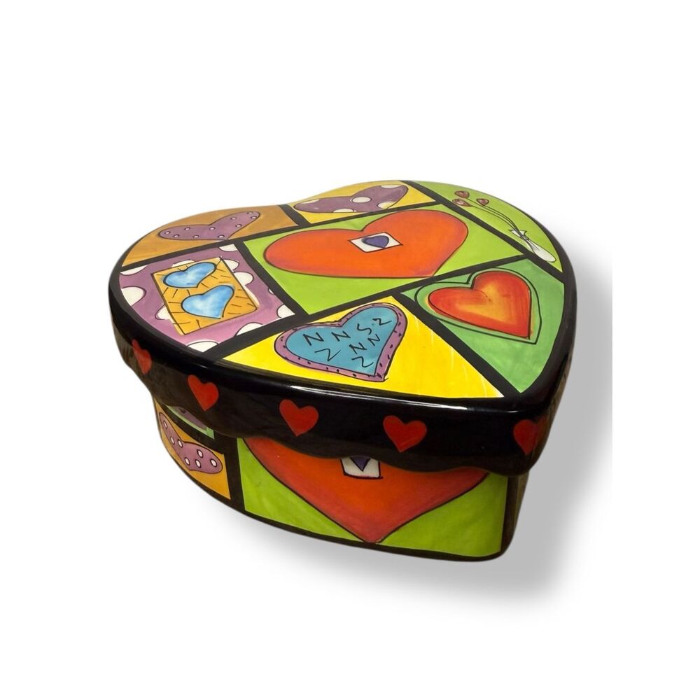 Naylor Design Hand Painted Ceramic Trinket Box Heart Shape Multi Color Patchwork